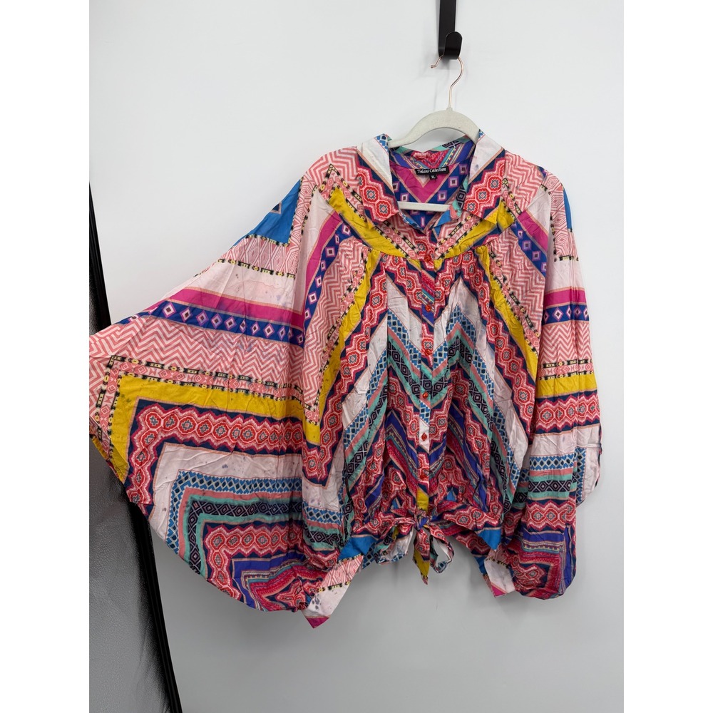 Tolani Collection Tie‎ Front Blouse Women XL Pink Multi Geometric Dolman Sleeve